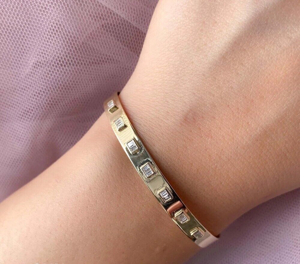 14K Gold Baguette Diamond Latch Lock Bangle Bracelet