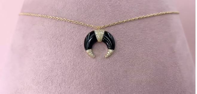 14K Gold Diamond Crescent Moon Black Onyx Necklace