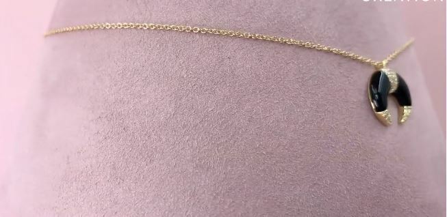 14K Gold Diamond Crescent Moon Black Onyx Necklace