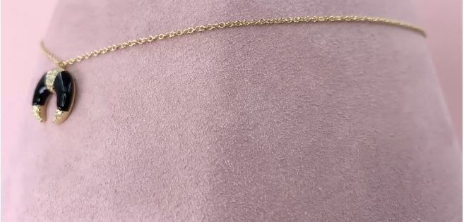 14K Gold Diamond Crescent Moon Black Onyx Necklace