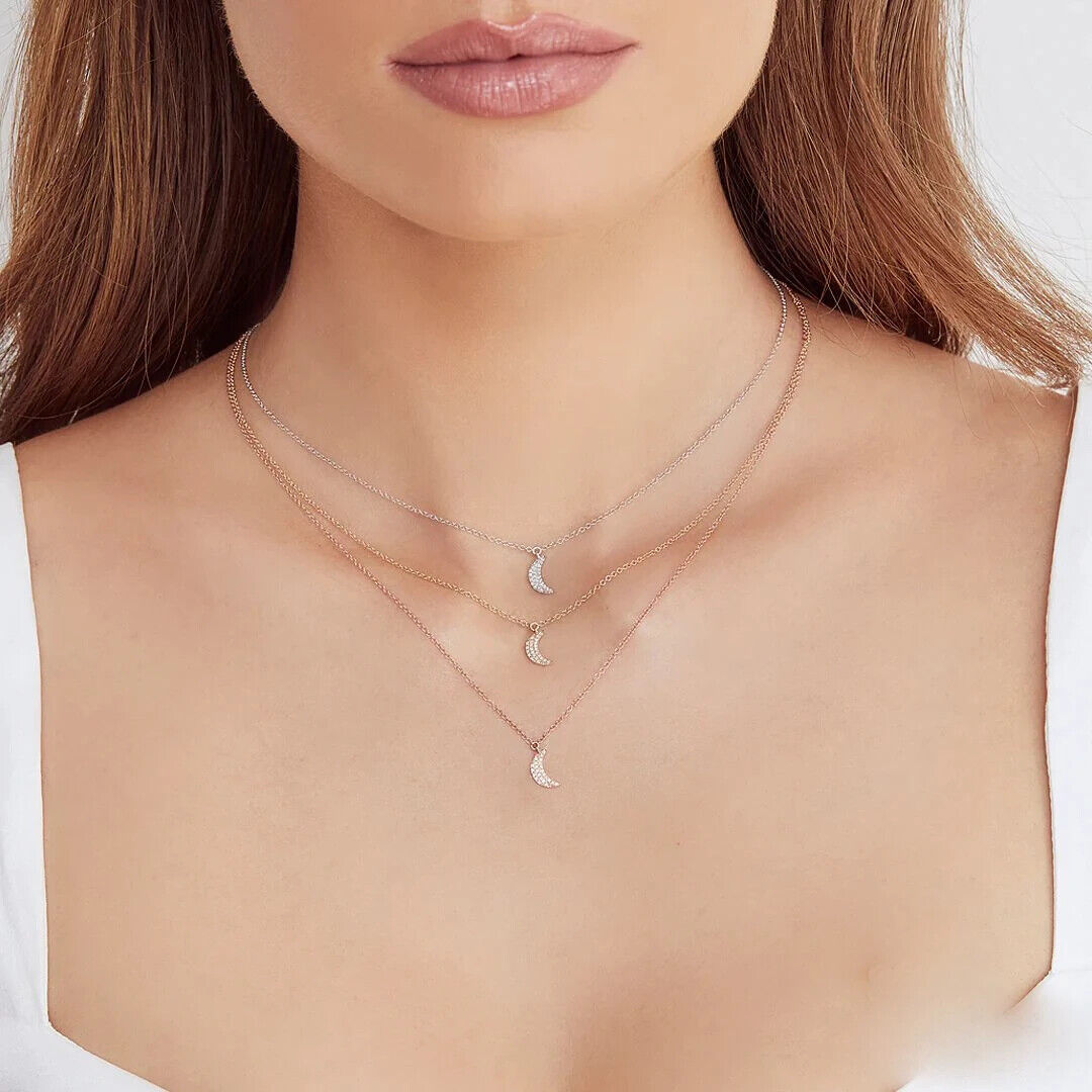 14K Gold Diamond Crescent Moon Pendant Necklace