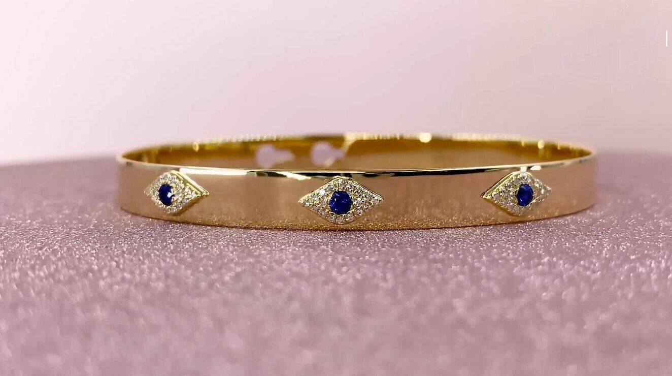 14K Gold Diamond Blue Sapphire Eye Bangle Bracelet