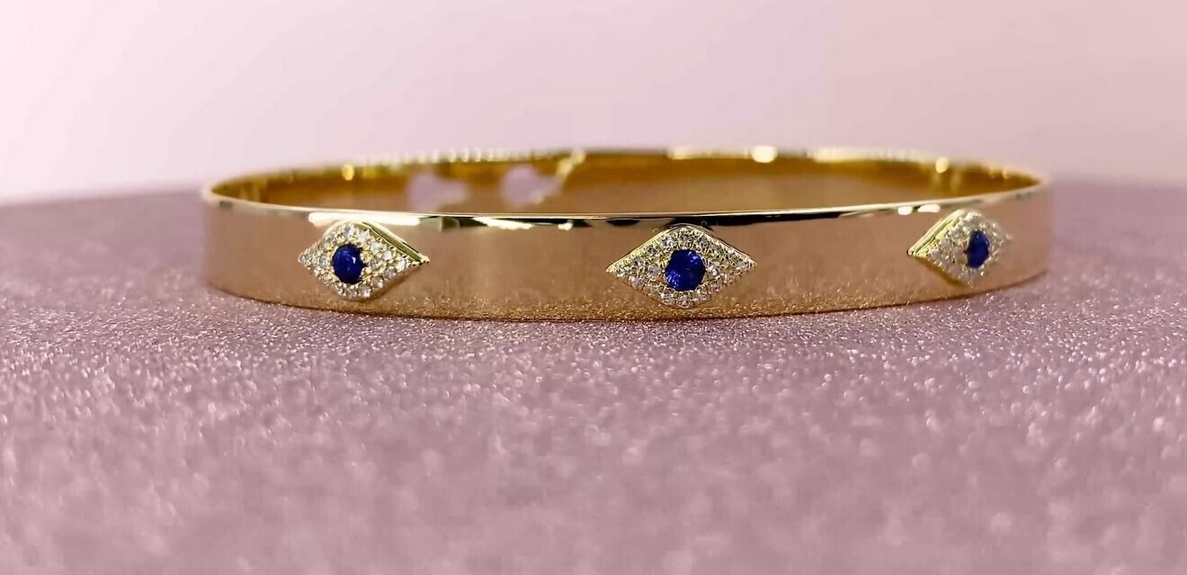 14K Gold Diamond Blue Sapphire Eye Bangle Bracelet