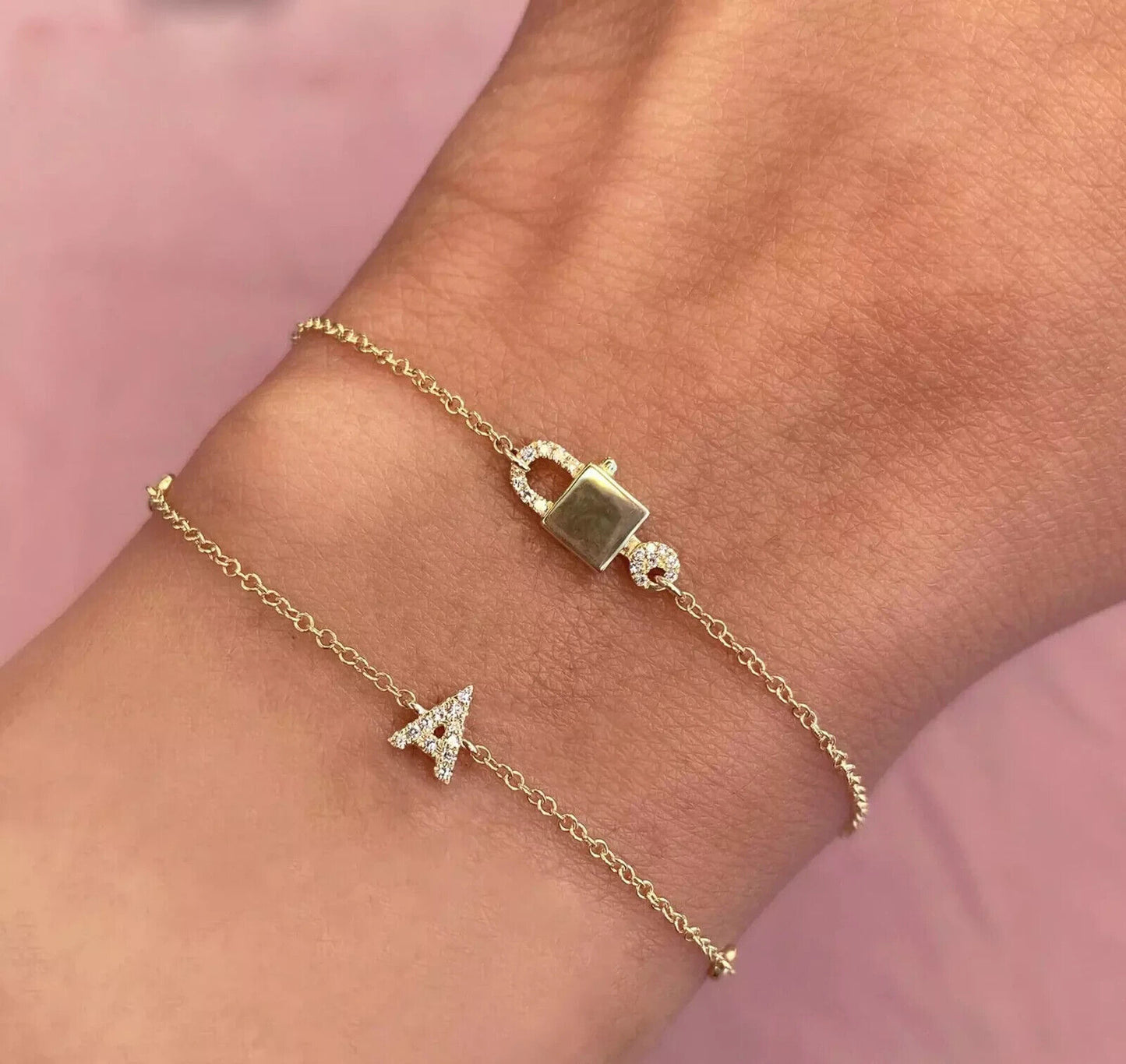 14K Solid Gold Diamond Letter A Initial Bracelet