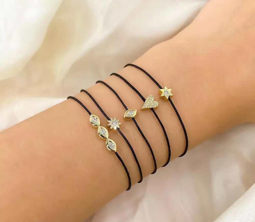 14K Solid Gold Diamond Heart String Bracelet