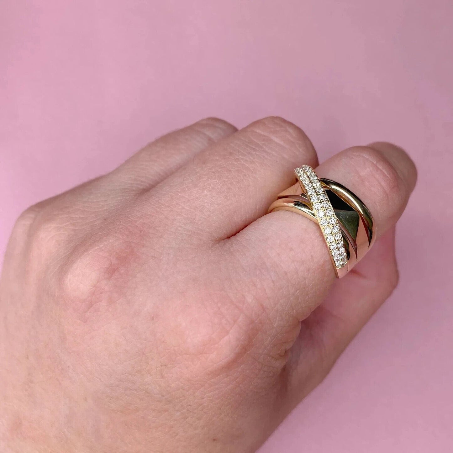 14K Gold Diamond Crossover Bridge X Ring