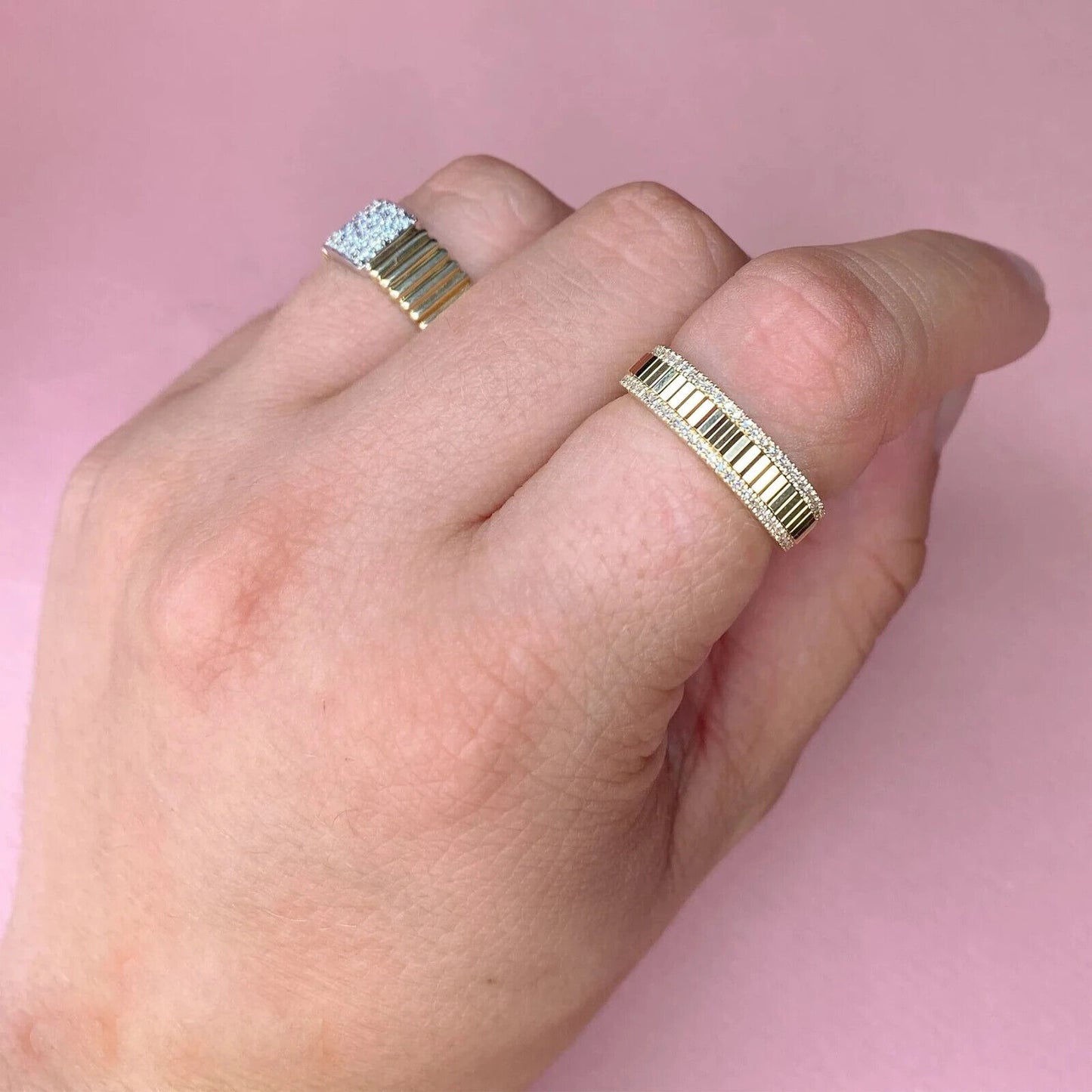 14K Gold Diamond Rippled Band Fluted Ring