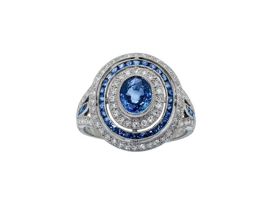Art Deco Blue Sapphire Diamond Oval Cocktail Ring