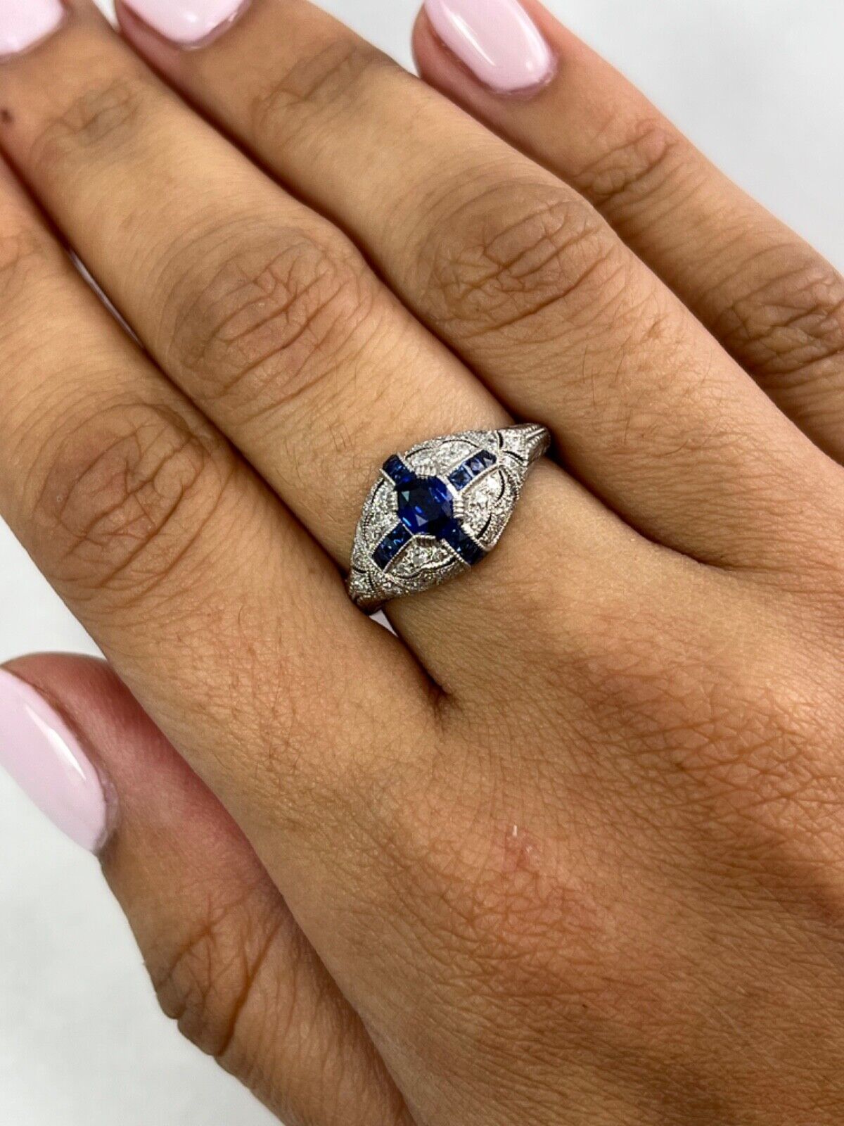Art Deco Oval Sapphire Diamond Platinum Ring