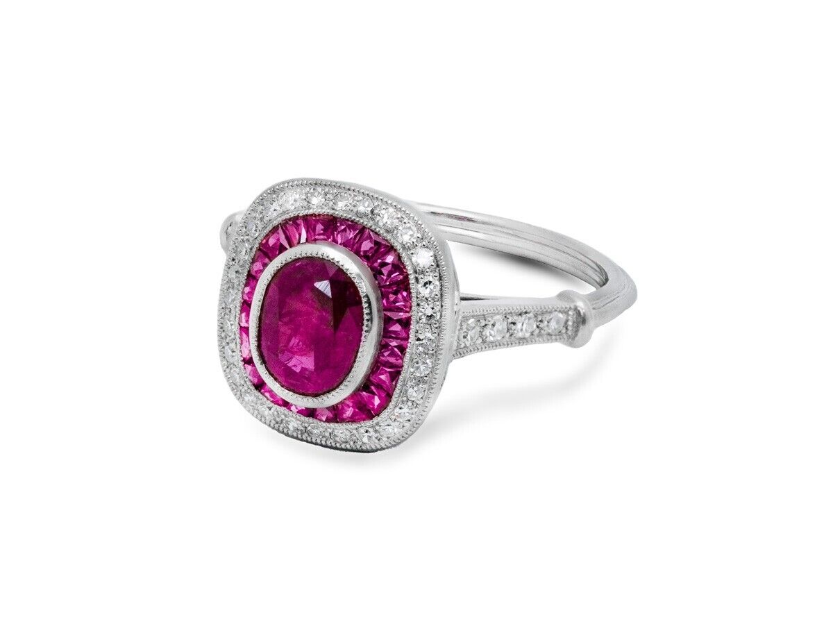 Art Deco Oval Ruby Diamond Platinum Engagement Ring Antique Finish