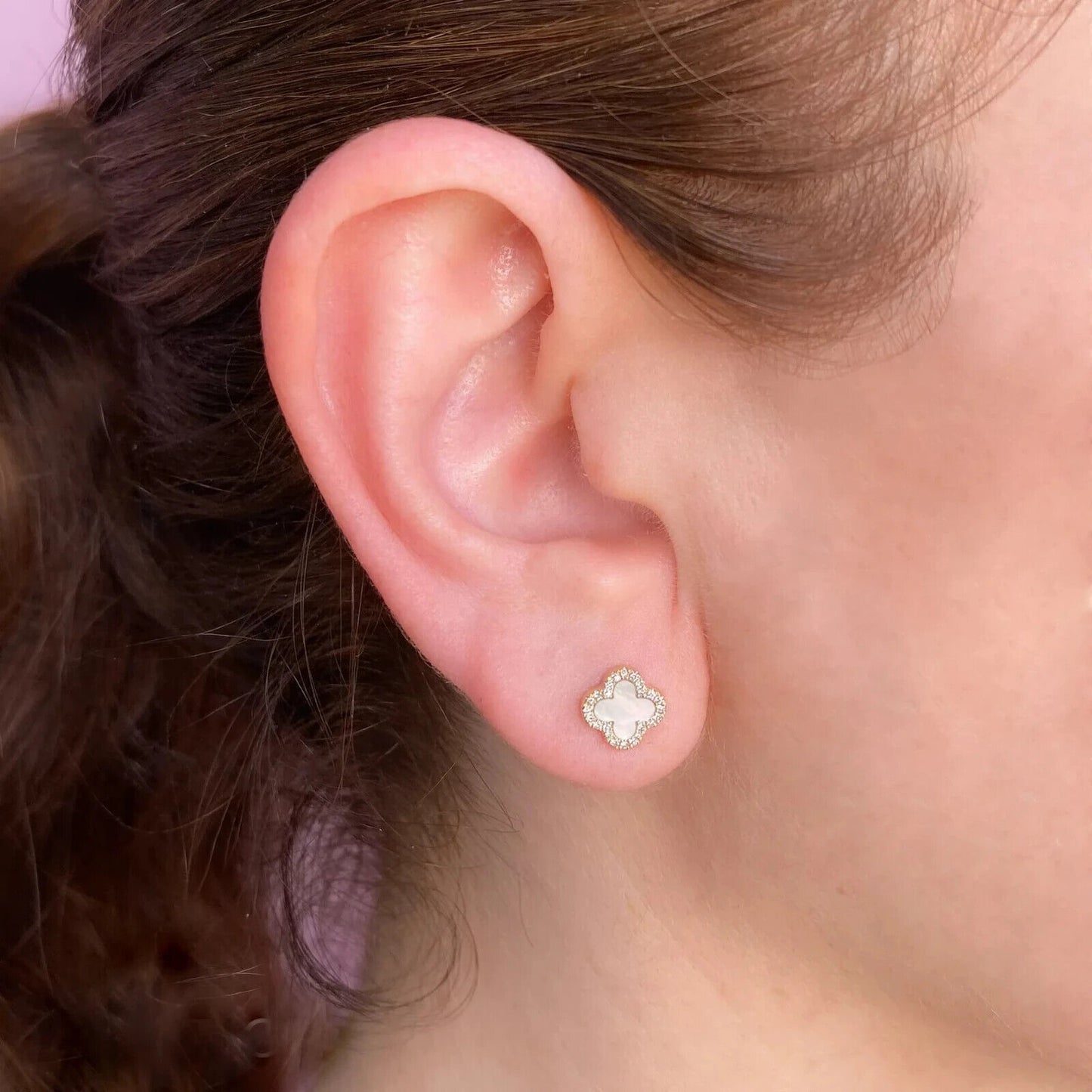 14k Gold Diamond Mother Of Pearl Clover Earrings