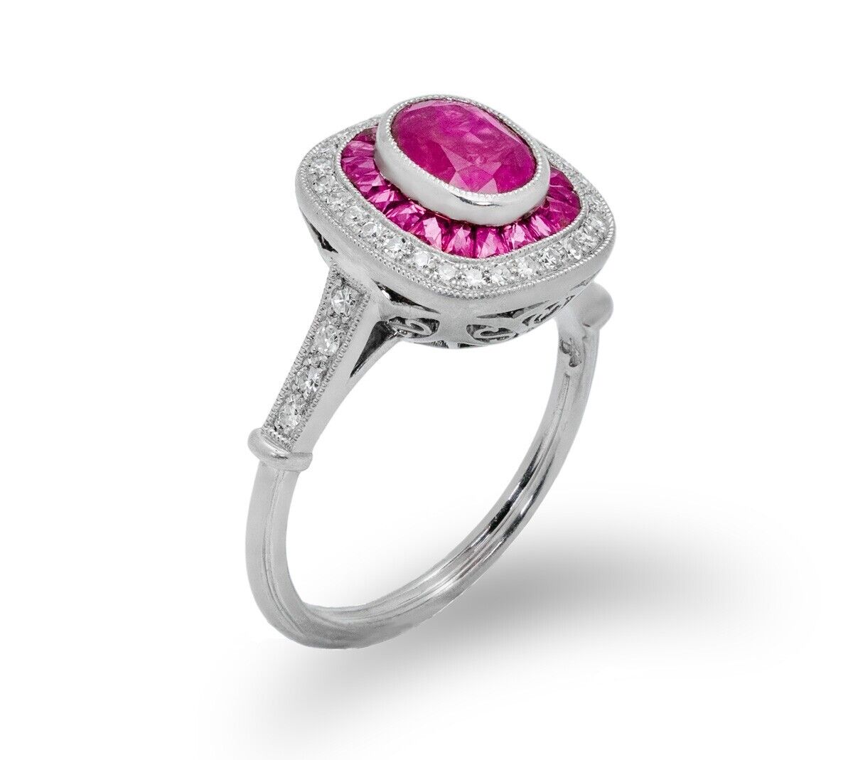 Art Deco Oval Ruby Diamond Platinum Engagement Ring Antique Finish