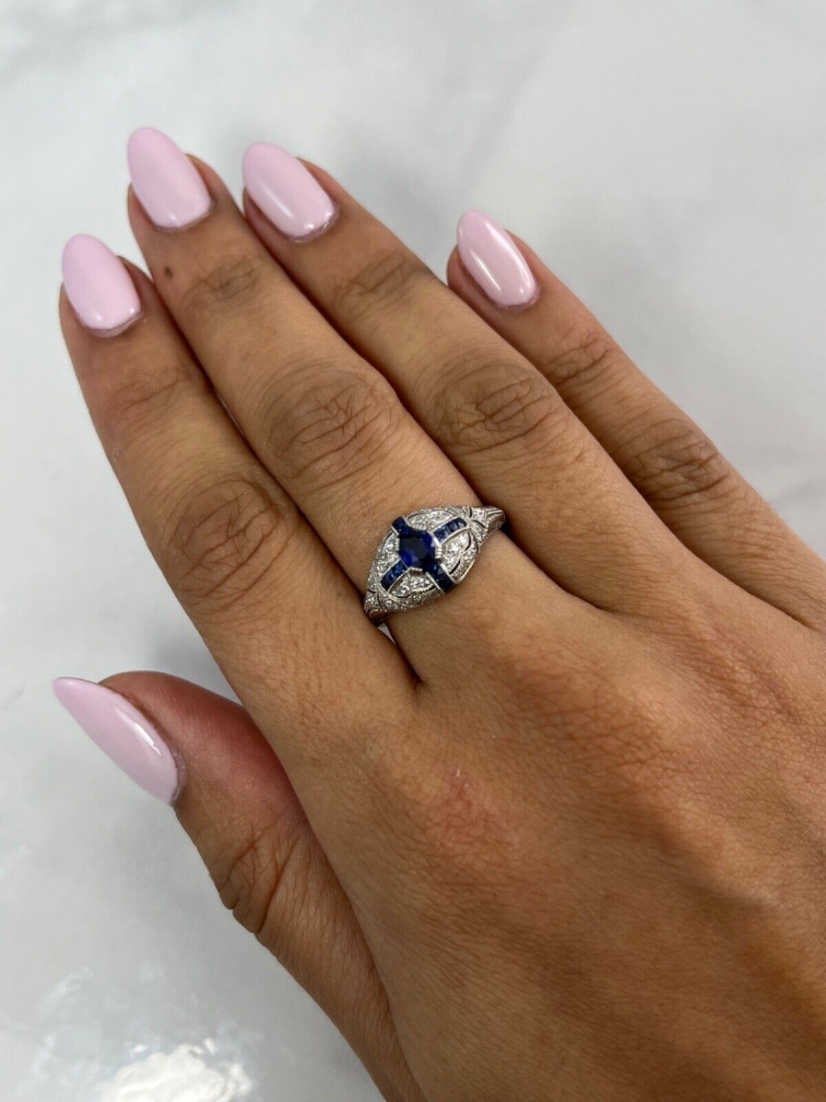Art Deco Oval Sapphire Diamond Platinum Ring