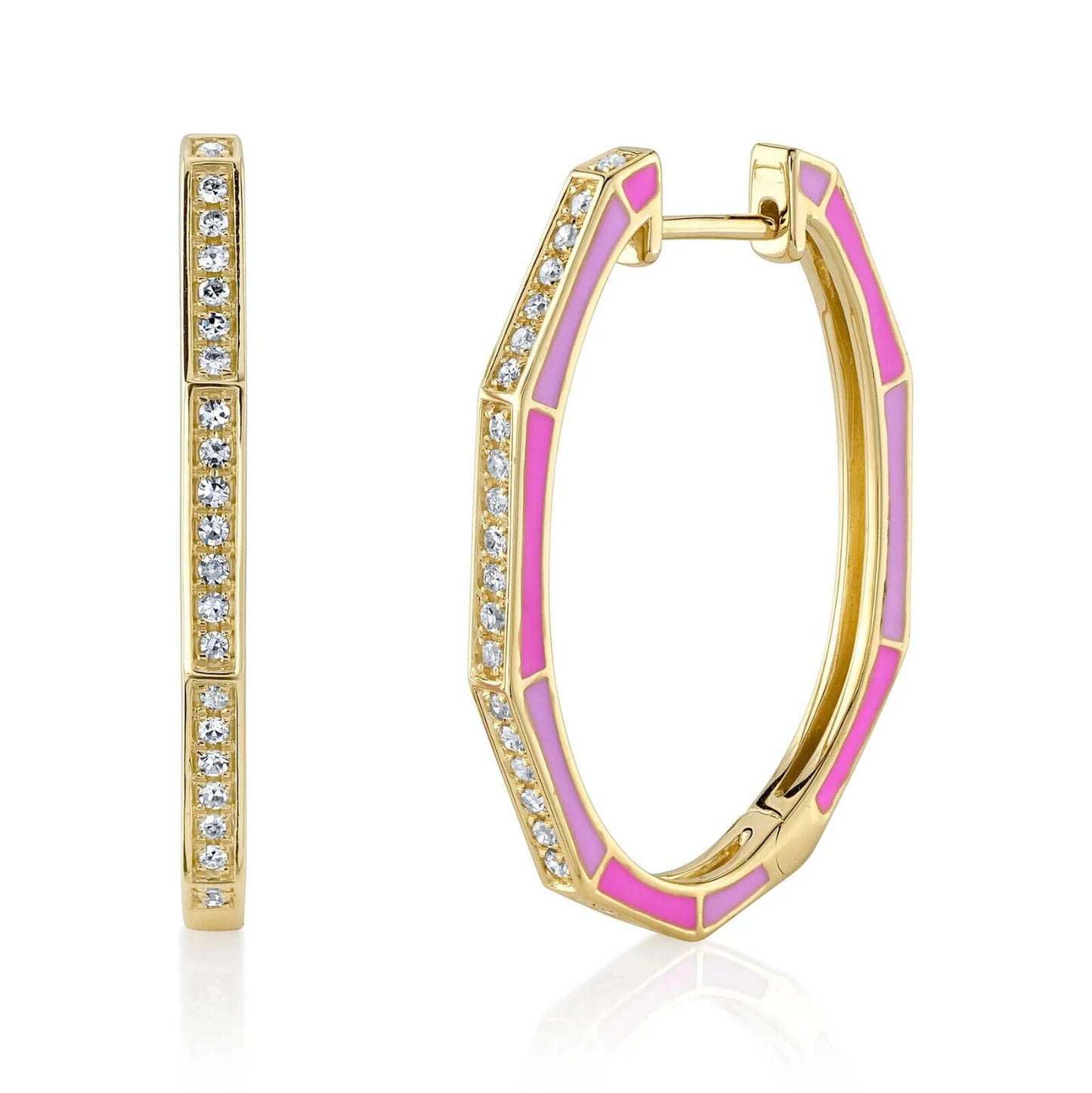 14K Gold Pink Enamel Diamond Oval Hoop Earrings