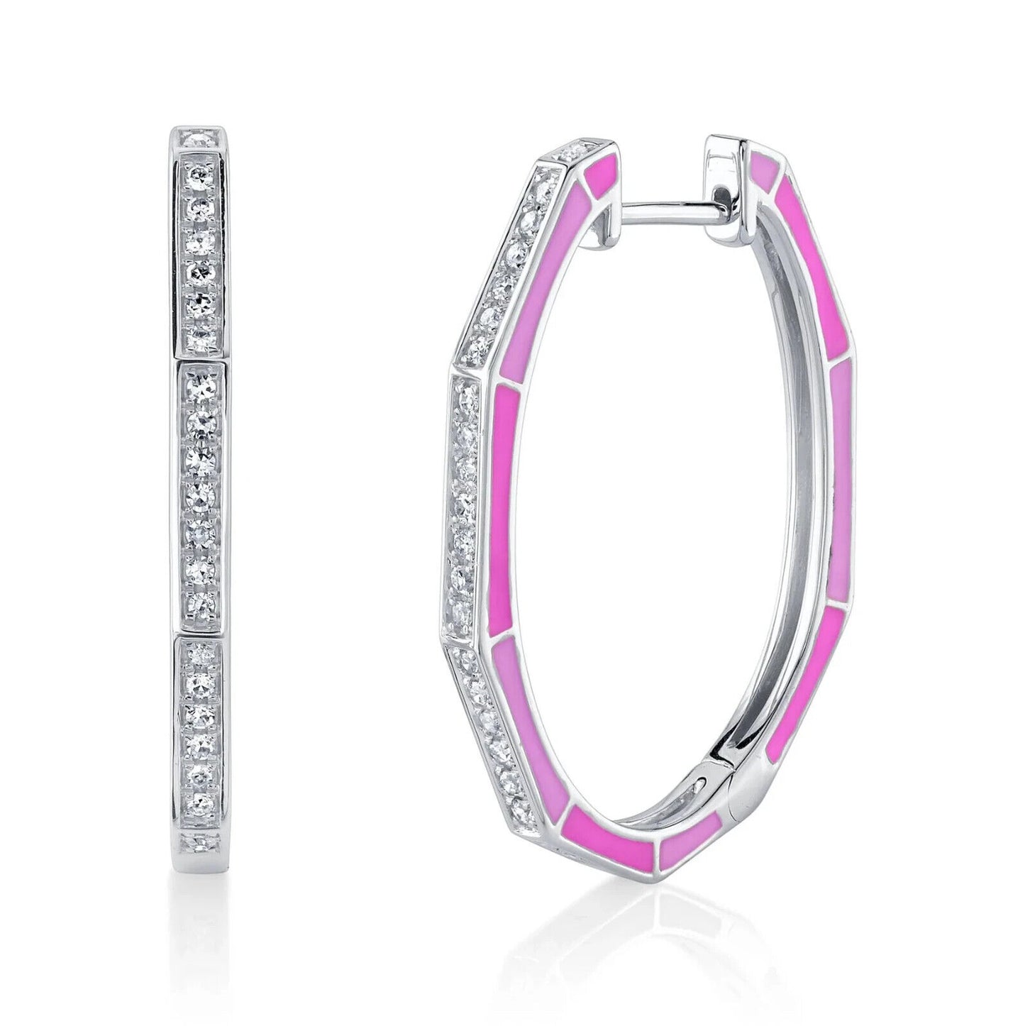 14K Gold Pink Enamel Diamond Oval Hoop Earrings