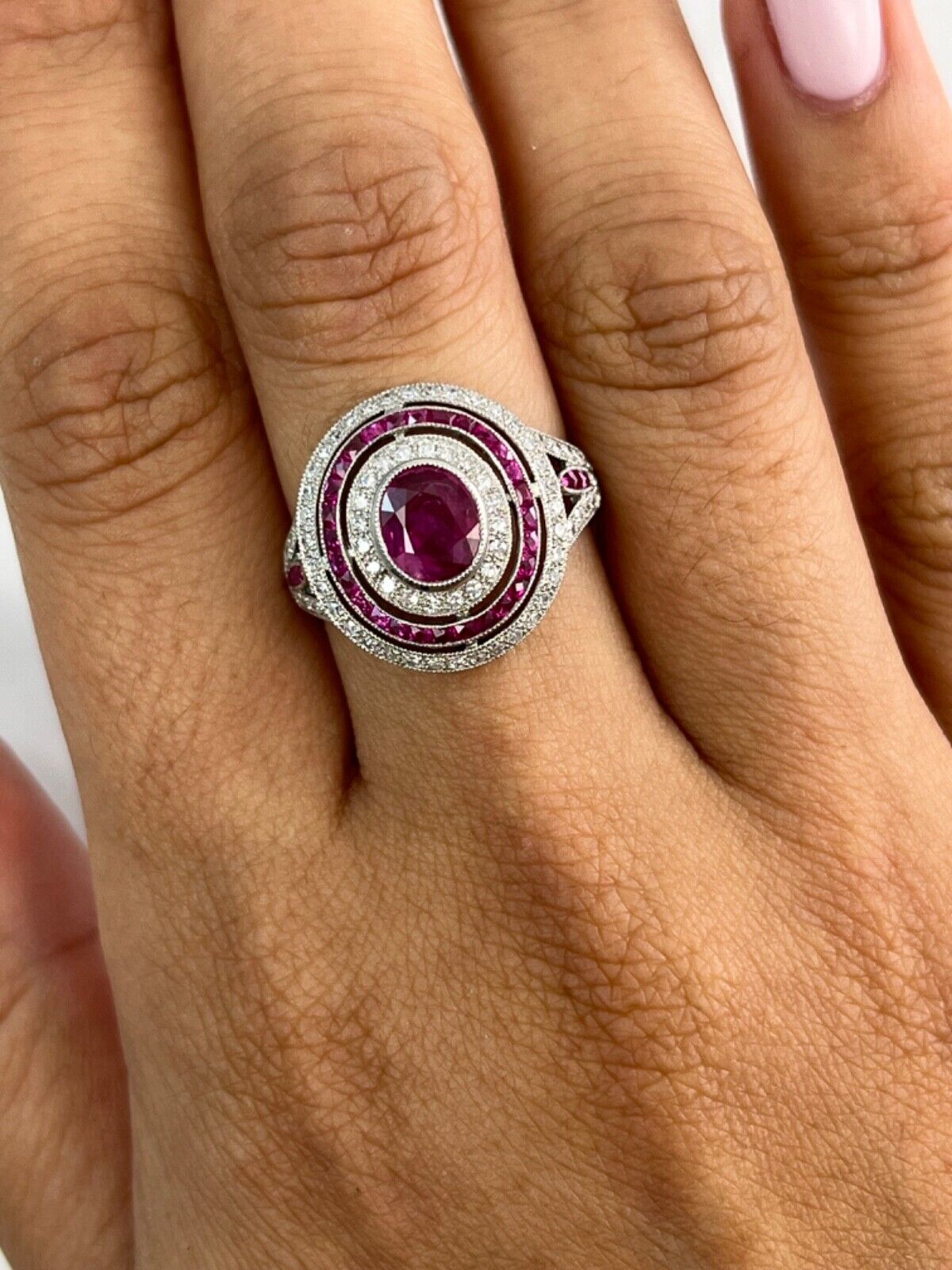 Oval Ruby Diamond Platinum Art Deco Ring Natural