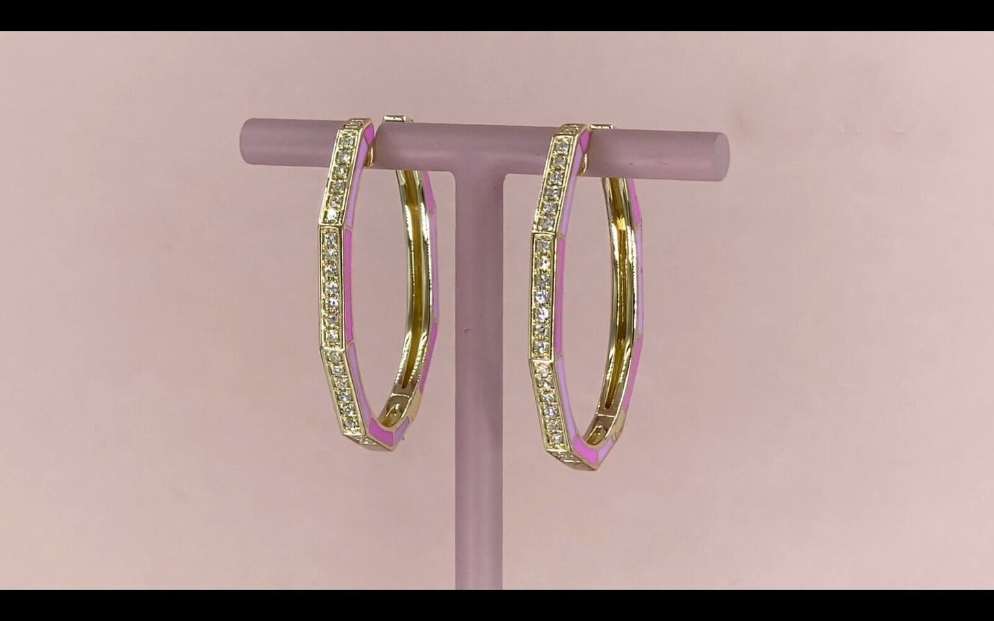 14K Gold Pink Enamel Diamond Oval Hoop Earrings