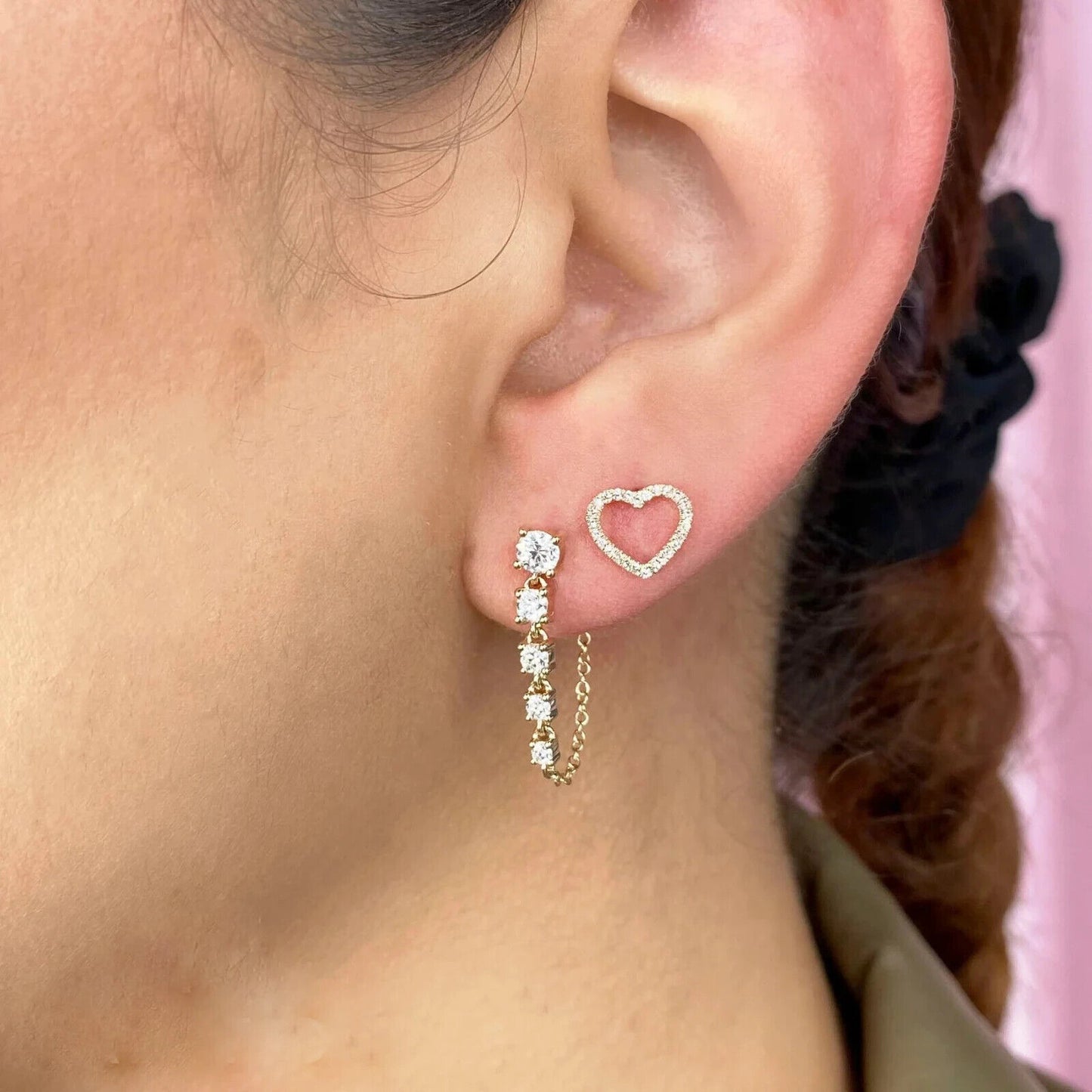 14K Gold Diamond Heart Stud Earrings