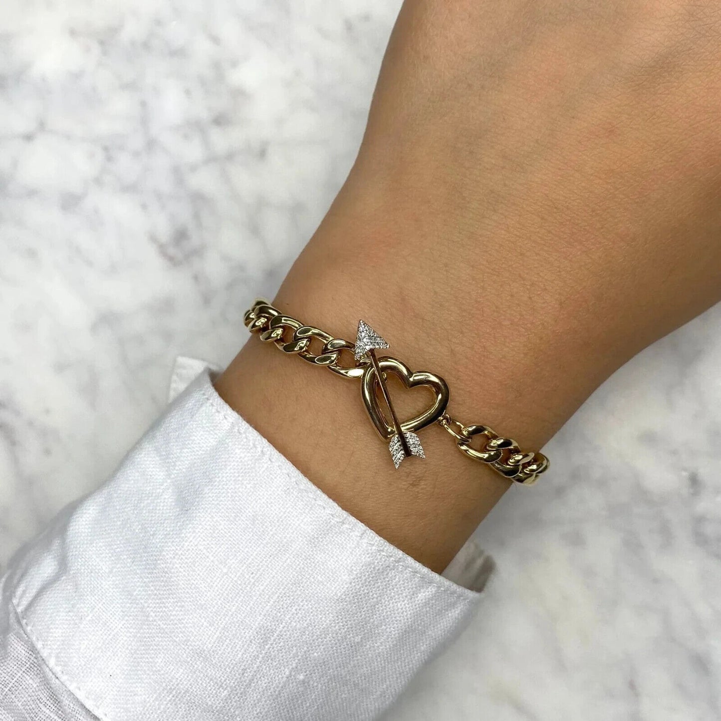14K Gold Diamond Heart Arrow Link Bracelet