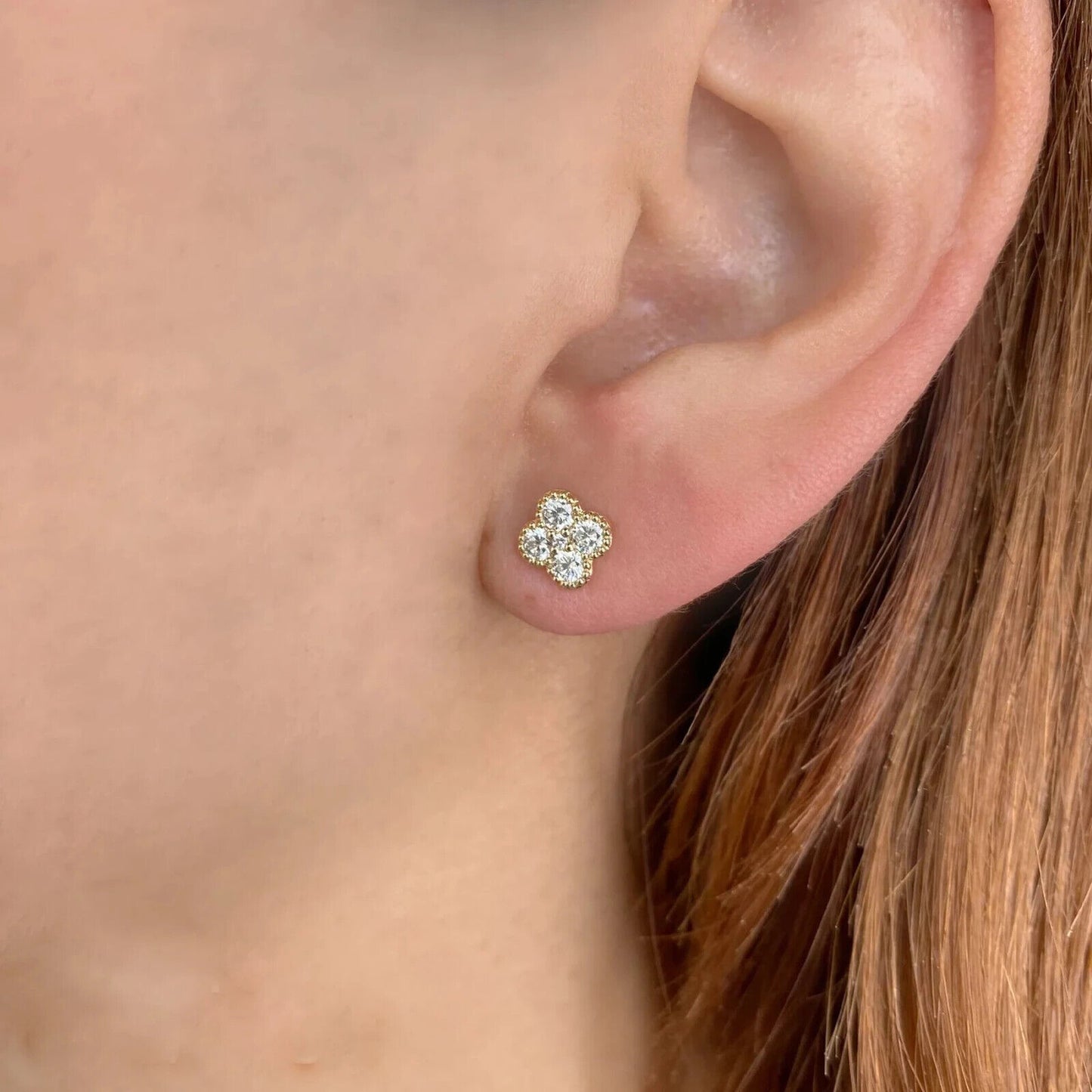 14K Gold Diamond Clover Stud Earrings