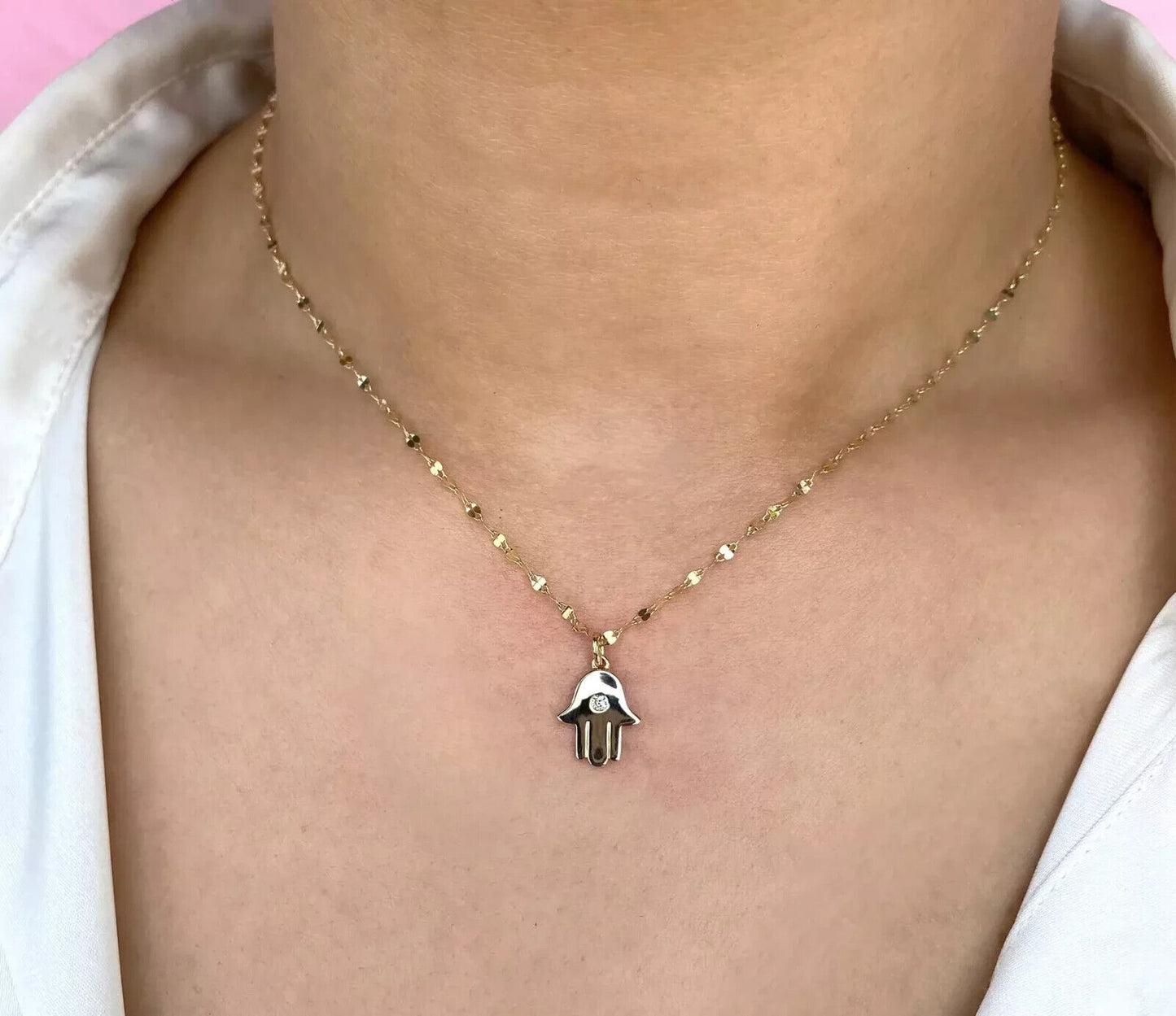 14K Gold Diamond Hamsa Necklace