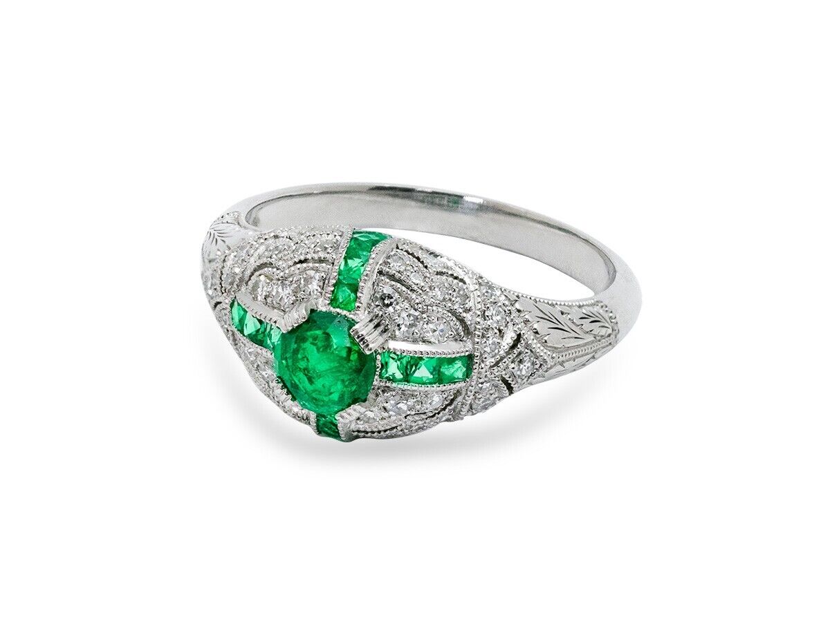 Art Deco Diamond And Emerald Platinum Ring Antique Inspired Natural