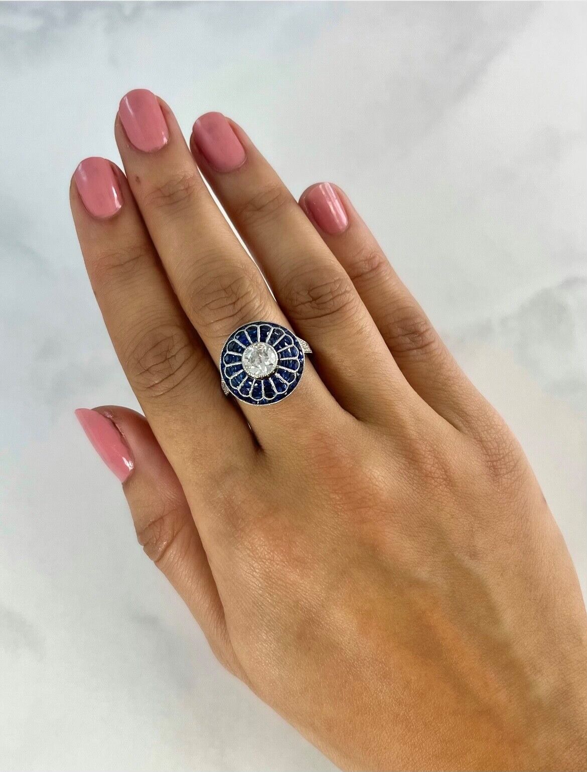Art Deco Old Mine European Diamond Sapphire Platinum Ring Natural