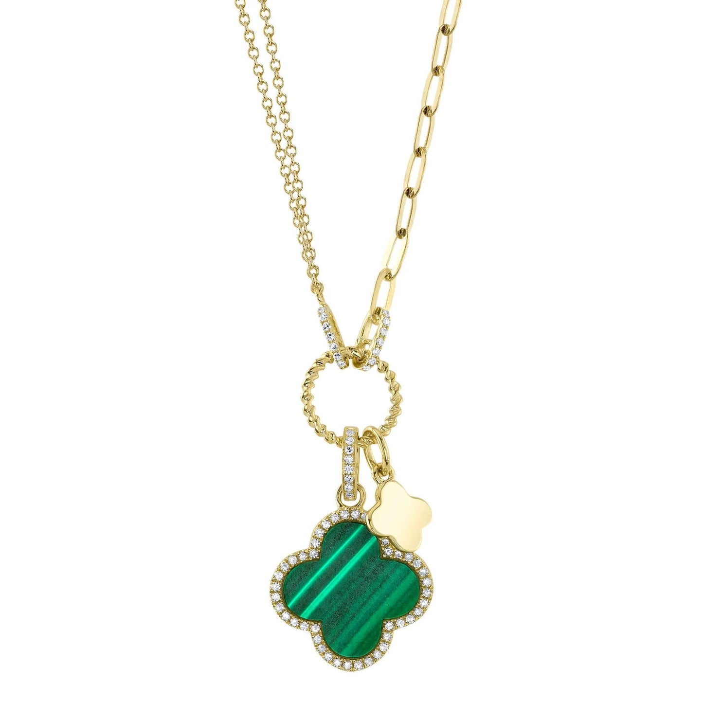 14K Gold Diamond Malachite Clover Necklace