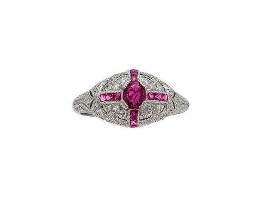 Art Deco Oval Ruby Diamond Platinum Ring Antique Inspired