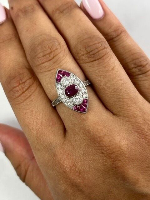Oval Ruby Diamond Antique Platinum Art Deco Ring