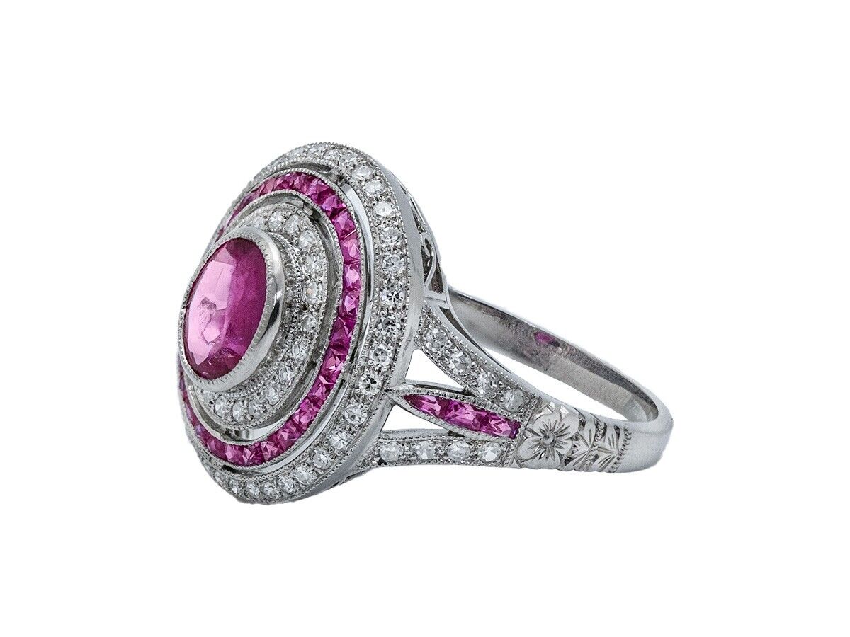 Oval Ruby Diamond Platinum Art Deco Ring Natural