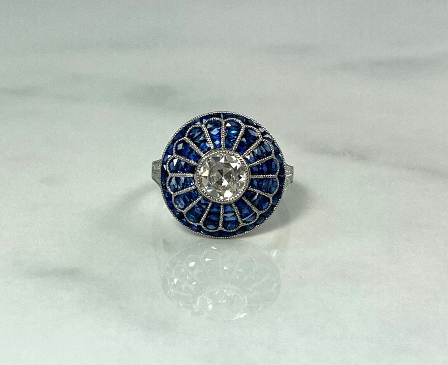 Art Deco Old Mine European Diamond Sapphire Platinum Ring Natural
