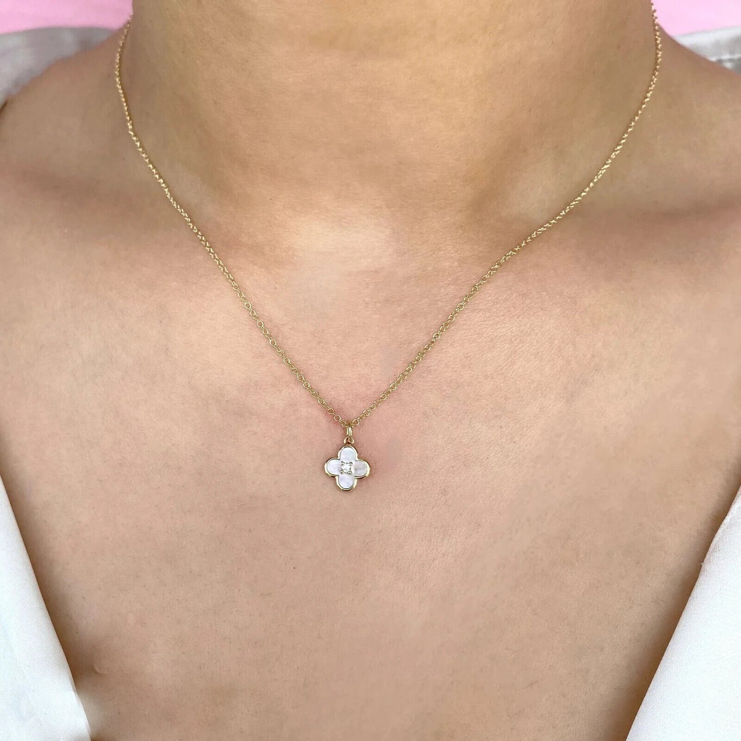 14K Gold Diamond Mother Of Pearl Necklace