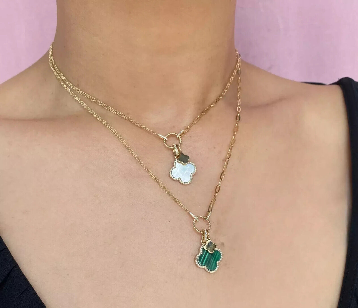 14K Gold Diamond Malachite Clover Necklace