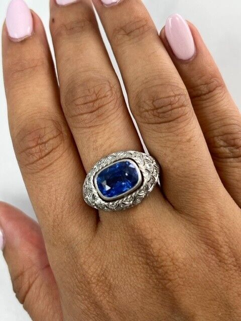 Cushion Blue Sapphire Diamond Platinum Art Deco Ring 5.30 GIA Certified