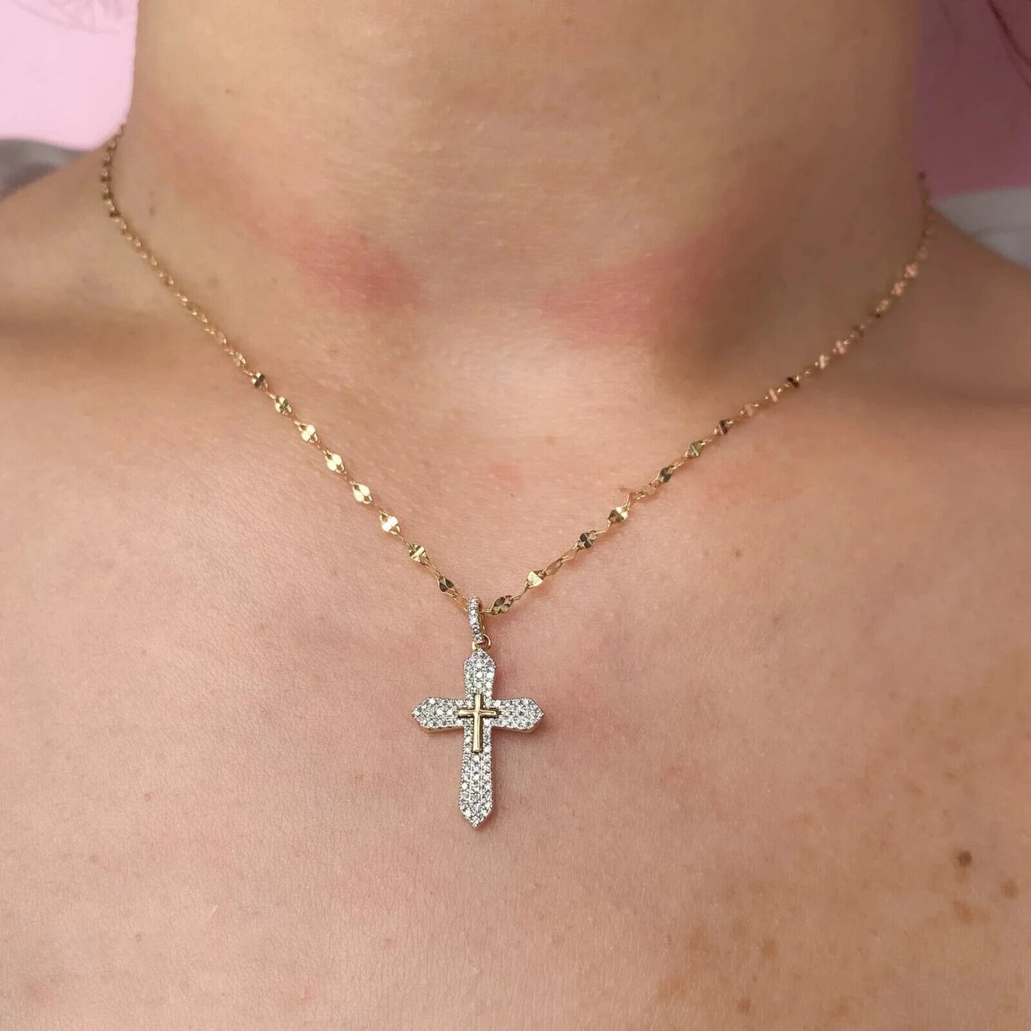14K Gold Diamond Cross Pendant Necklace