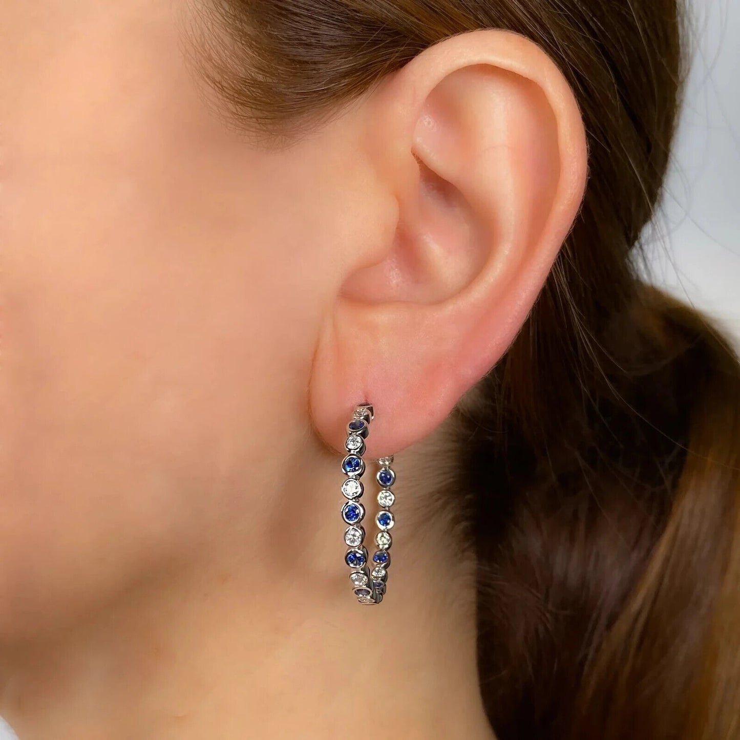 14K Gold Blue Sapphire Diamond Hoop Earrings