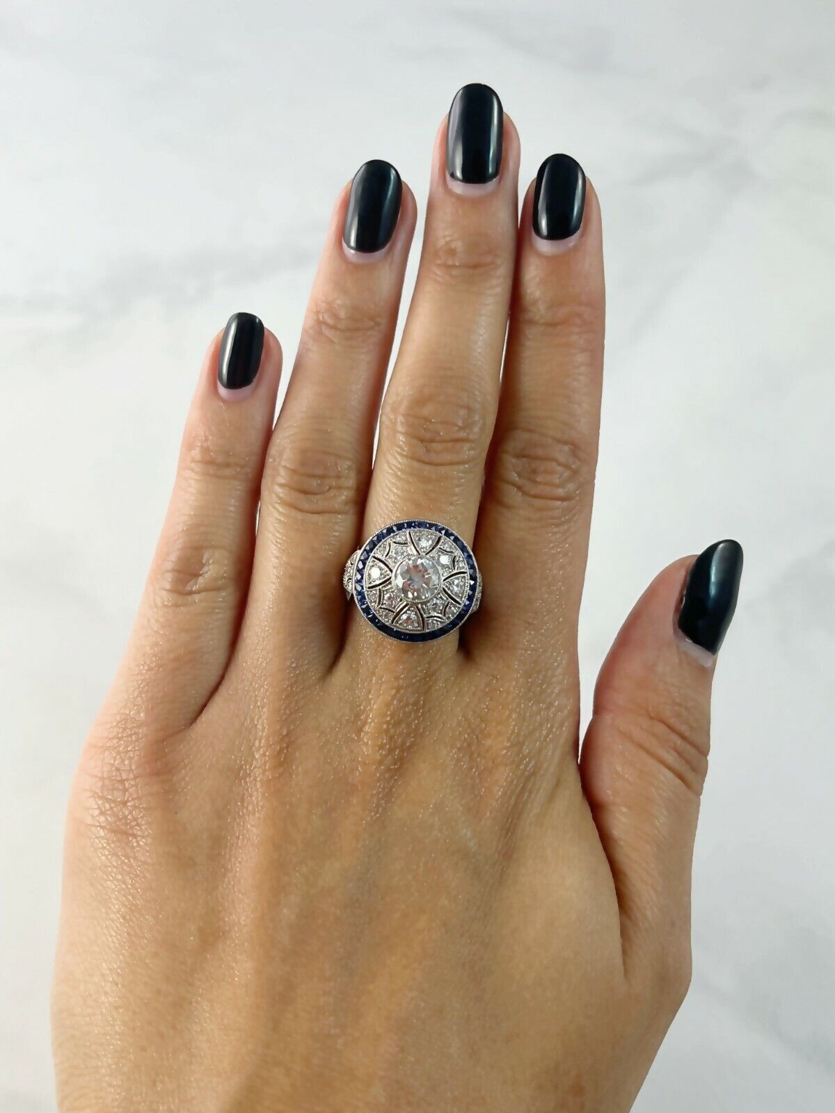 Art Deco Blue Sapphire Diamond Engagement Ring Antique Inspired