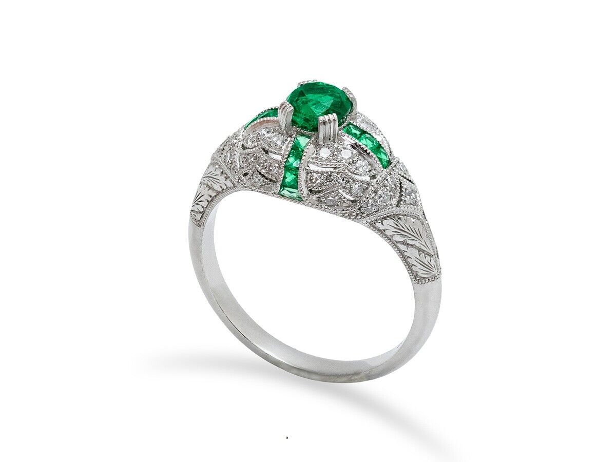 Art Deco Diamond And Emerald Platinum Ring Antique Inspired Natural