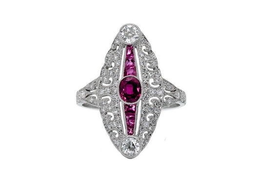 Art Deco Ruby Diamond Cocktail Platinum Ring Antique Inspired