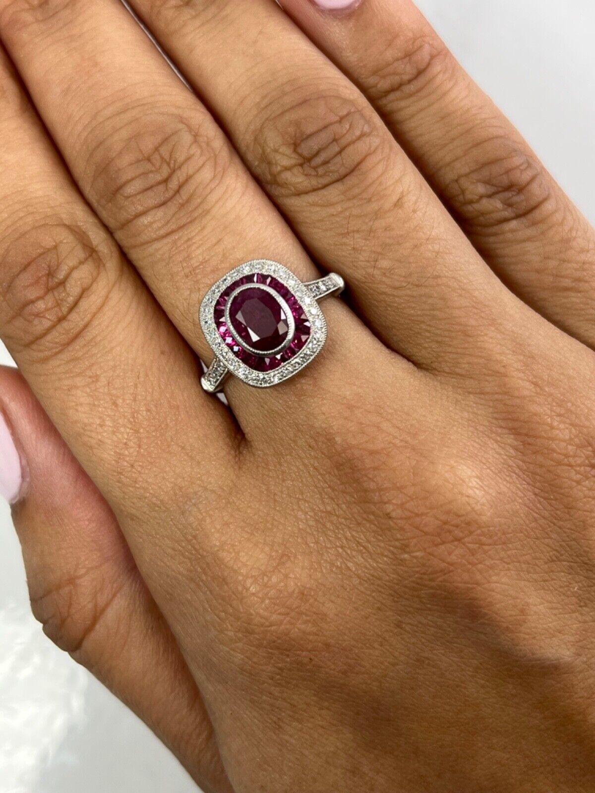 Art Deco Oval Ruby Diamond Platinum Engagement Ring Antique Finish