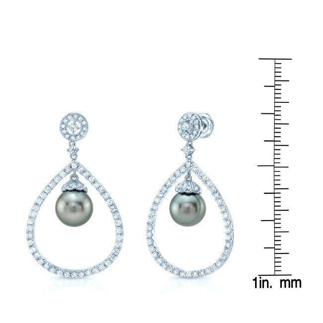 Black Pearl Diamond Teardrop Earrings 14K White Gold Natural