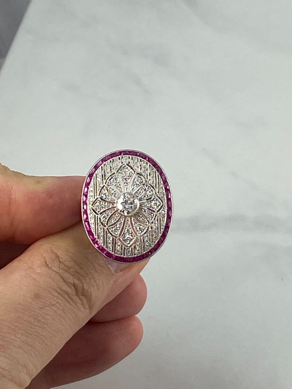 Art Deco Diamond Ruby Platinum Ring Natural Old Mine European Cut