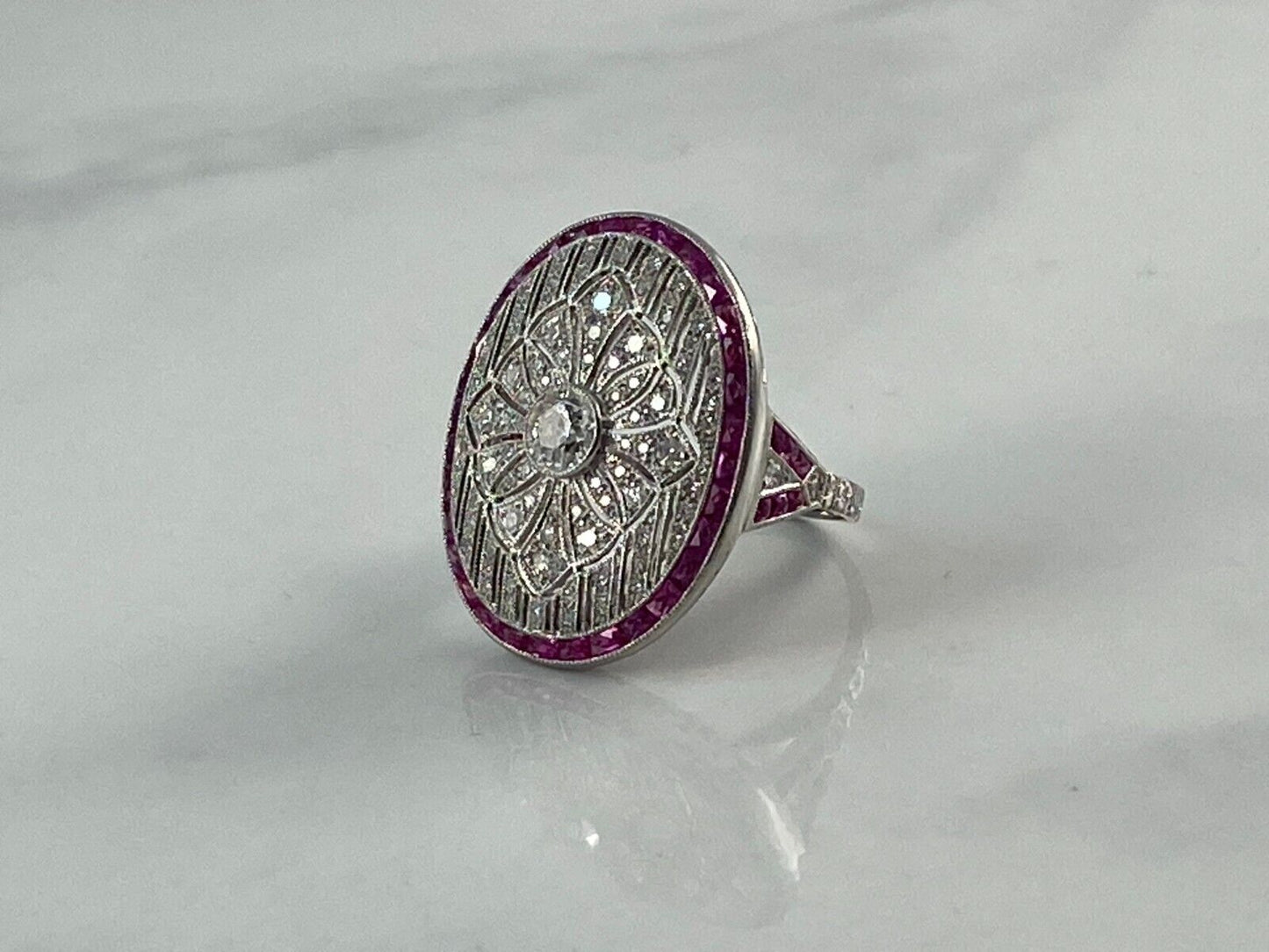 Art Deco Diamond Ruby Platinum Ring Natural Old Mine European Cut