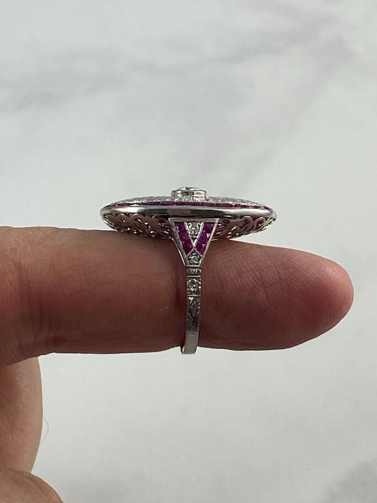 Art Deco Diamond Ruby Platinum Ring Natural Old Mine European Cut
