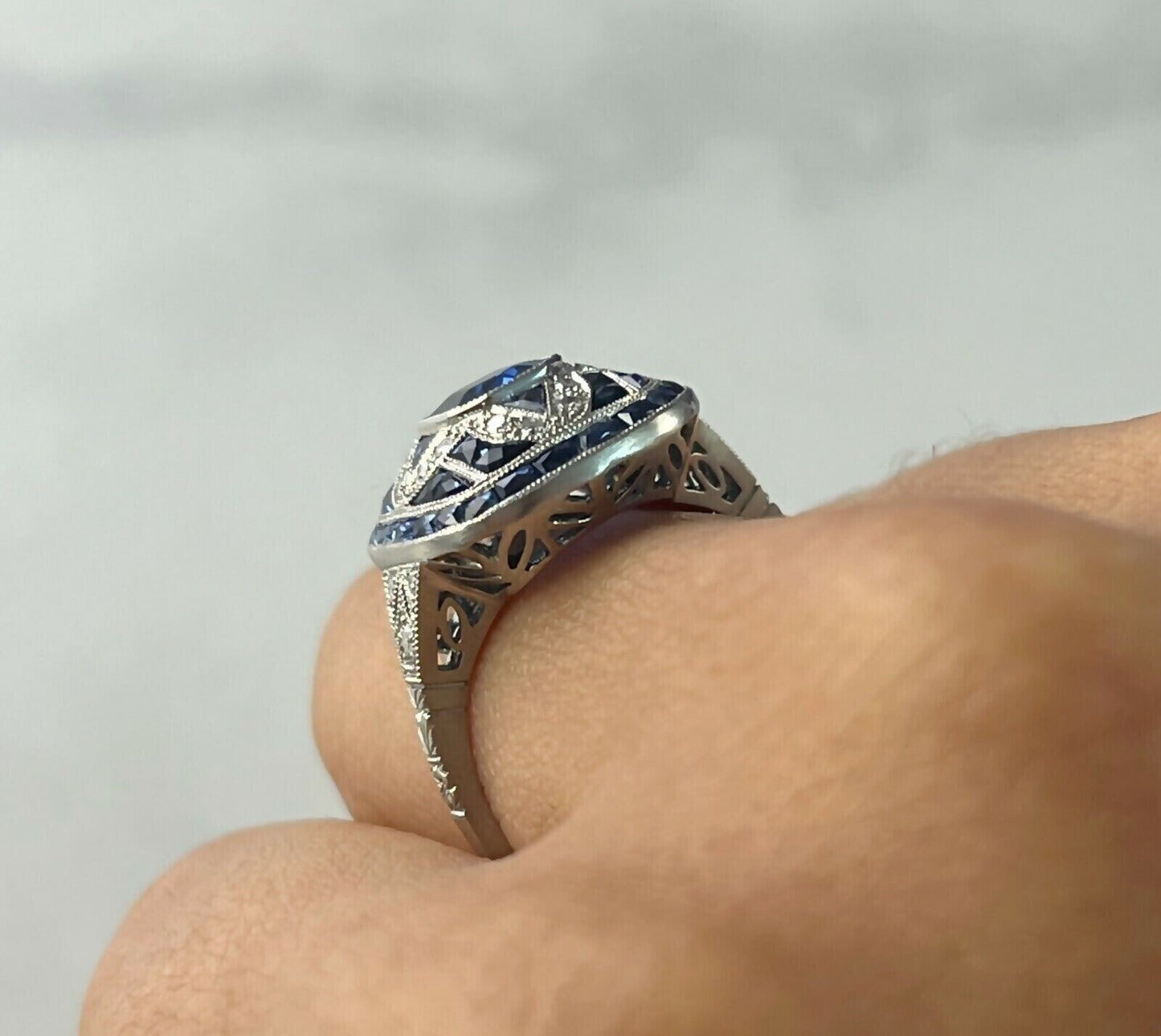 Art Deco Emerald Cut Blue Sapphire Diamond Platinum Ring