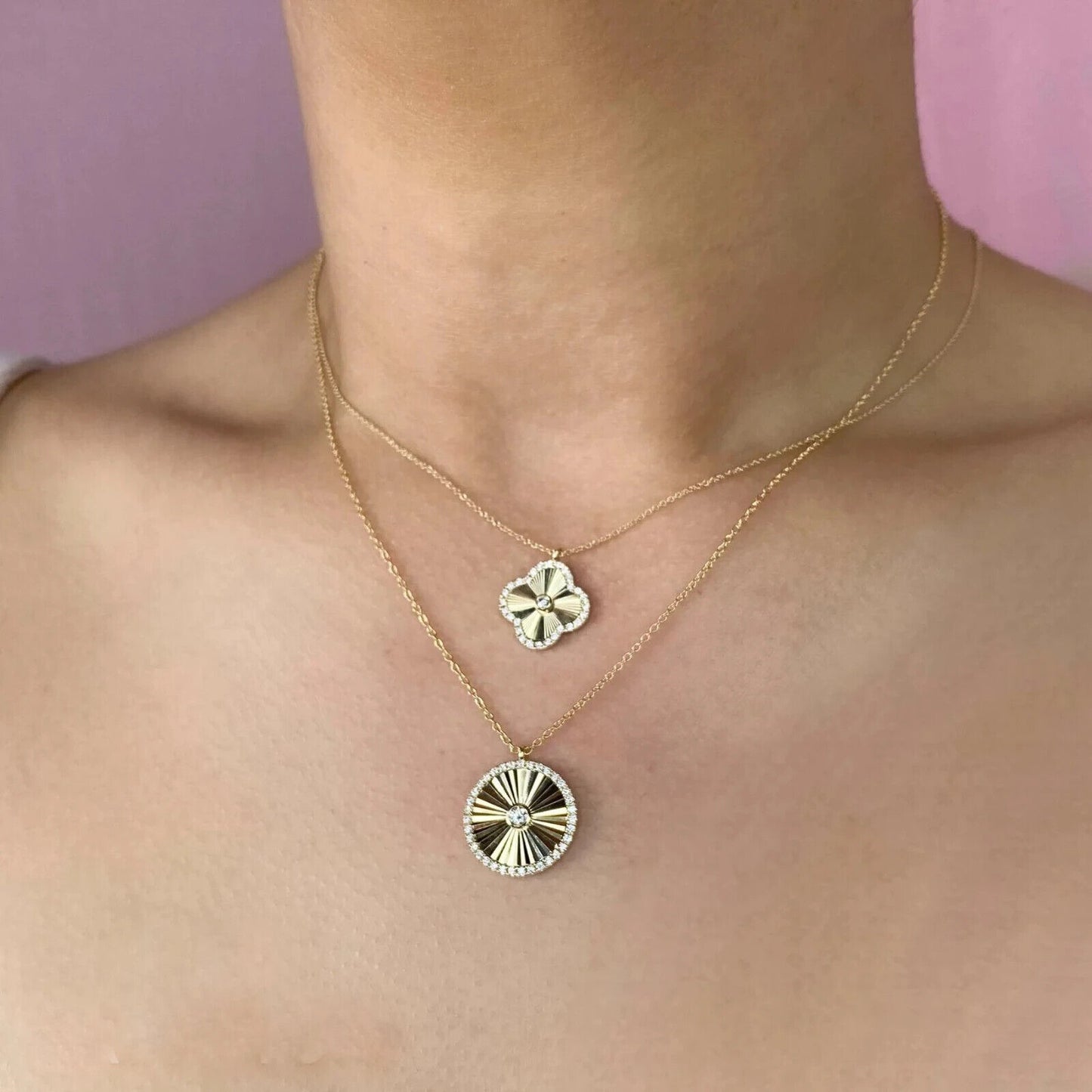 14K Gold Diamond Clover Fluted Sunray Necklace