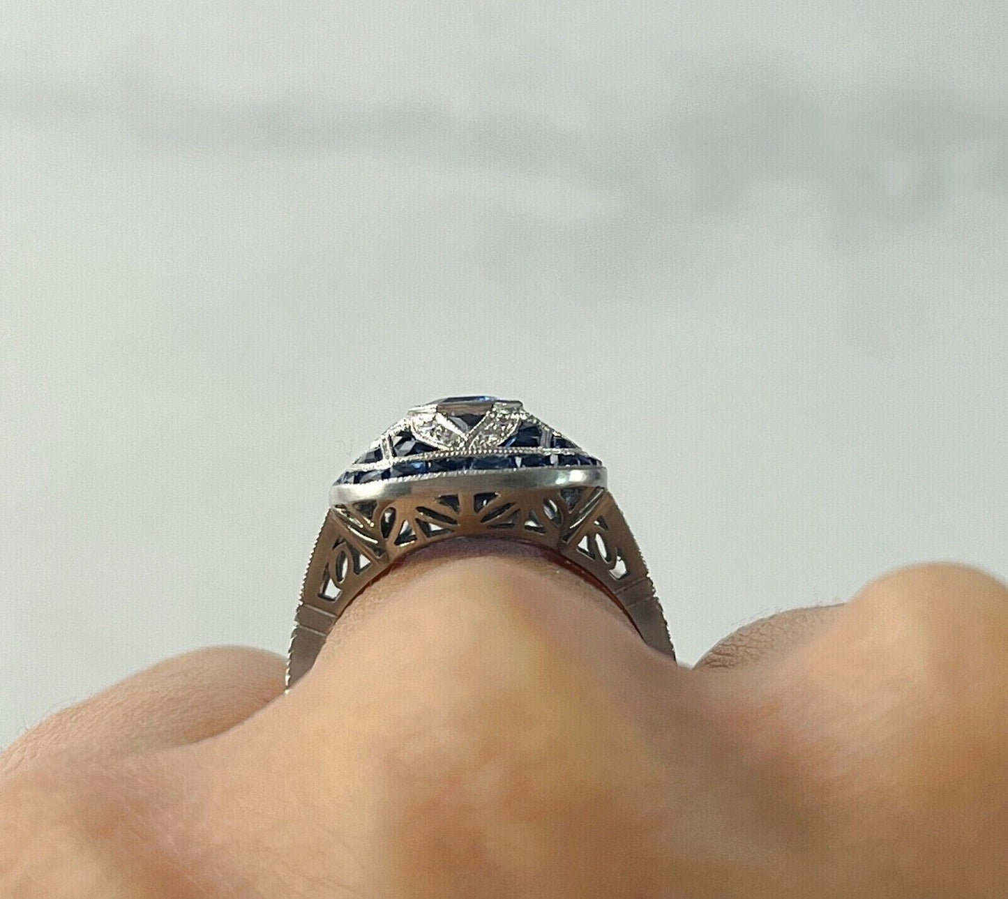 Art Deco Emerald Cut Blue Sapphire Diamond Platinum Ring