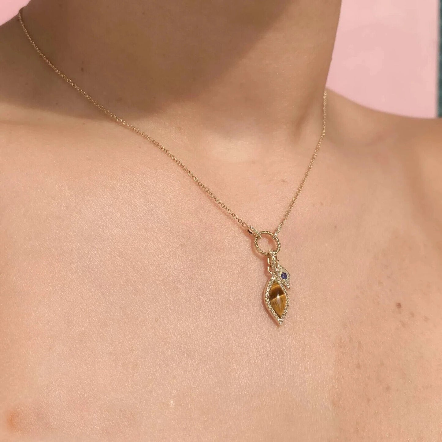 14K Gold Tigers Eye Diamond Sapphire Eye Necklace