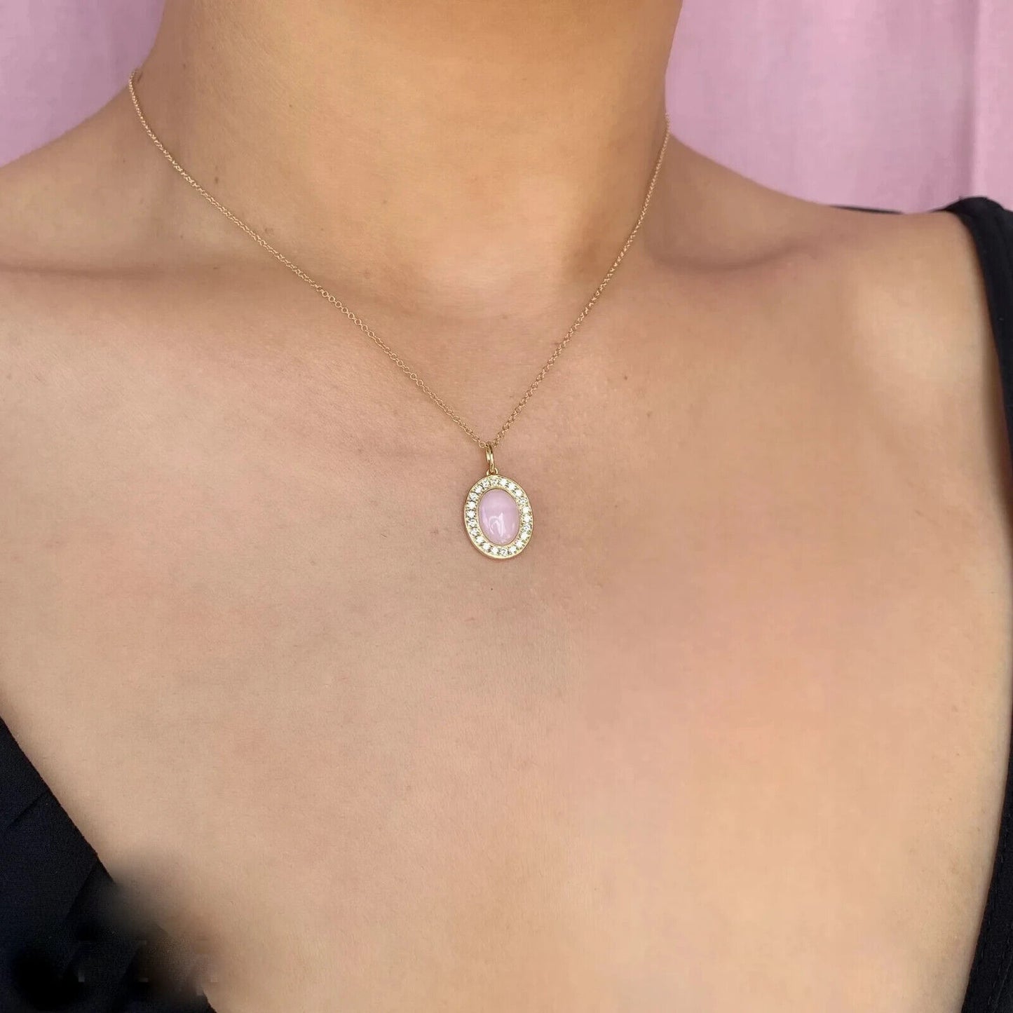 14K Gold Diamond Pink Opal Oval Necklace
